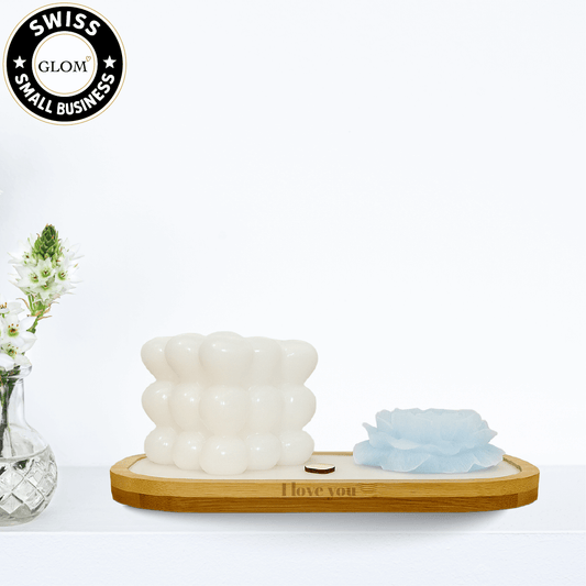 Plateau à bougies en forme de cœur, de bulle et de pivoine – Plateau gravé personnalisé