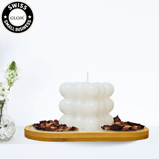 Bougie bulle en forme de cœur avec fleurs séchées – Plateau à messages personnalisé